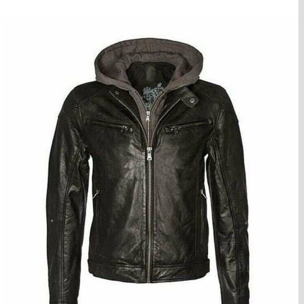 Black Leather Bomber Jacket with Hood